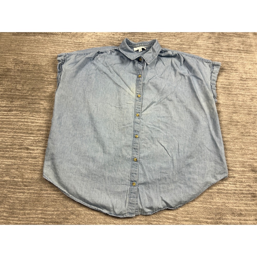 New Directions Top Women XL Blue Denim Style Button Down Short Sleeve Relaxed